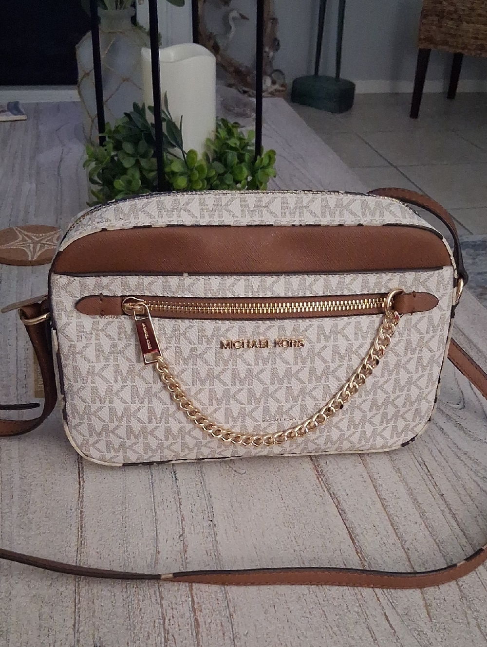 Michael Kors Cream and Brown Logo Crossbody with Gold Chain See Video